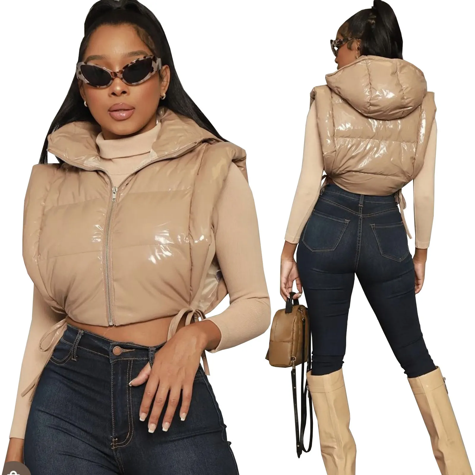 Vrouwen Vesten Leosd Sexy Zijsplit Capuchon Bladerdeeg Jas Vrouwen Bandage Rits Crop Tops Winter Herfst Casual Effen Kleding streetwear 230826