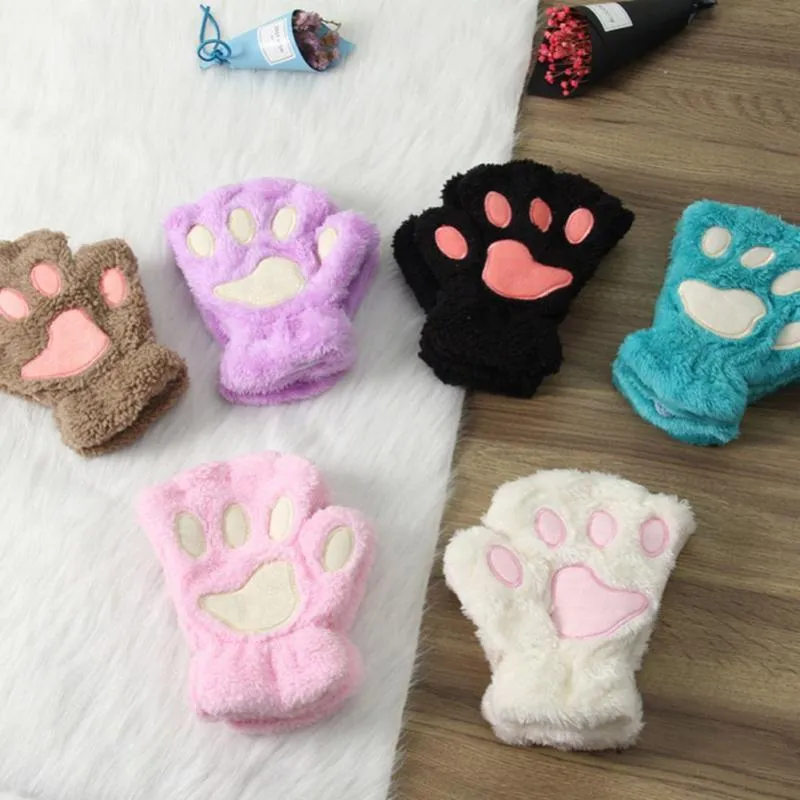 4 Pairs Plush Furry Cat Paw Fingerless Gloves - Cute Animal Mittens For Halloween Cosplay, Winter Warmth, Kids & Adults
