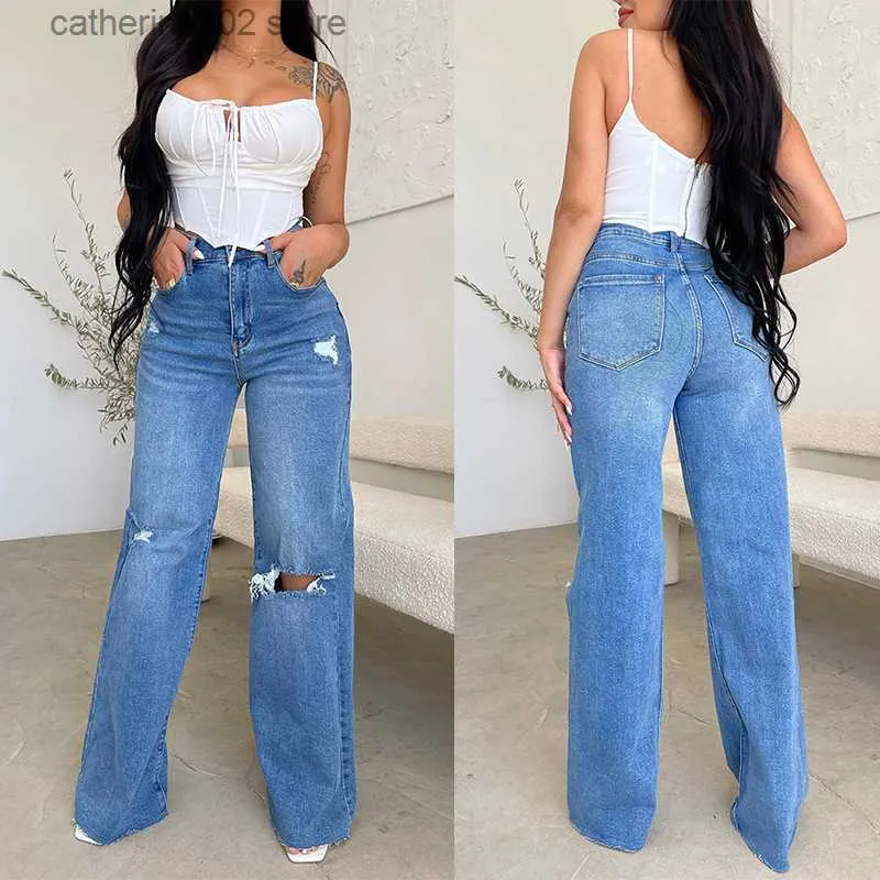 Jeans pour femmes Pantalon en denim déchiré bleu mode décontractée taille haute jeans à jambes larges vêtements de rue pour femmes jeans à trous creux pour hommes T230826