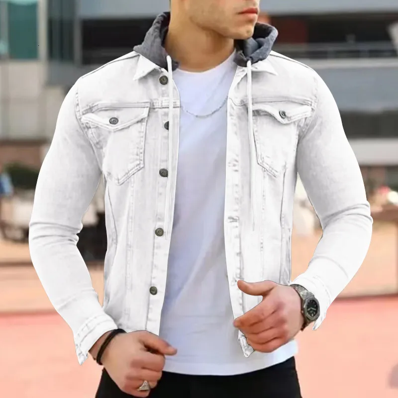 Kurtki męskie moda zimowa kurtka jeansowa mężczyźni jesienne swobodne szwy z kapturem Slim Cardigan Y2K Solid Kolor Top Coat
