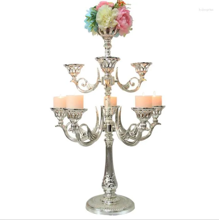 Bougeoirs H82cm 9 lumières en métal, grand support argenté, centres de table pour Tables de mariage, décoration de Mariage