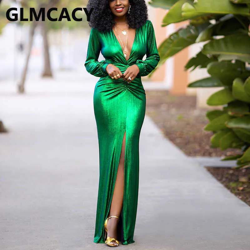 Basic Casual Dresses Women Long Sleeve V Neck Metallic Maxi Dress