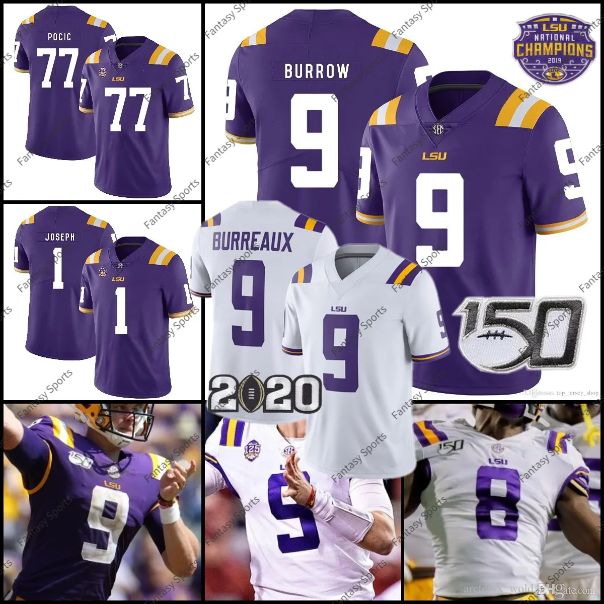 1 Witte LSU Tigers voetbalshirts College Leonard Fournette Jamal Adams Greedy Williams Patrick Queen Jeremy Hill Burrow Joe Burrow Paars Custom Mannen Vrouwen Kinderen