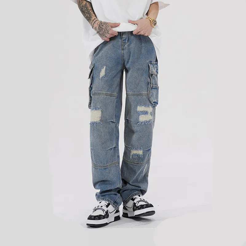 Calças de brim dos homens y2k streetwear buraco rasgado calças de carga baggy homens moda reta azul lavado vintage denim calças ropa hombre 230825