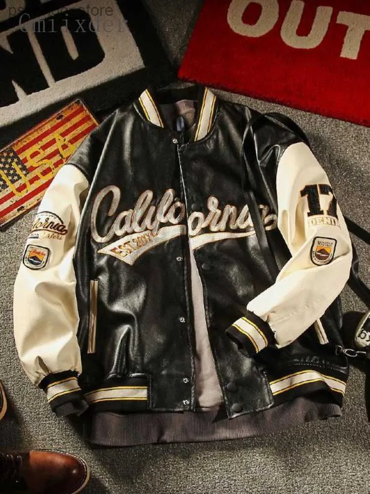 Gmiixder American Pu läder baseball uniform mäns höst vinter förtjockad bomberjacka Lossa casual lapp design män kläder q230826