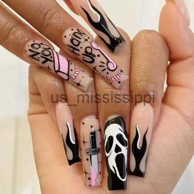 Unhas Falsas Fogo Chama Rosa Preto Branco Fantasma Rosto Engraçado Adesivos Faca Y2K Nail Art Moda Popular Venda Inteira Acessórios X0826