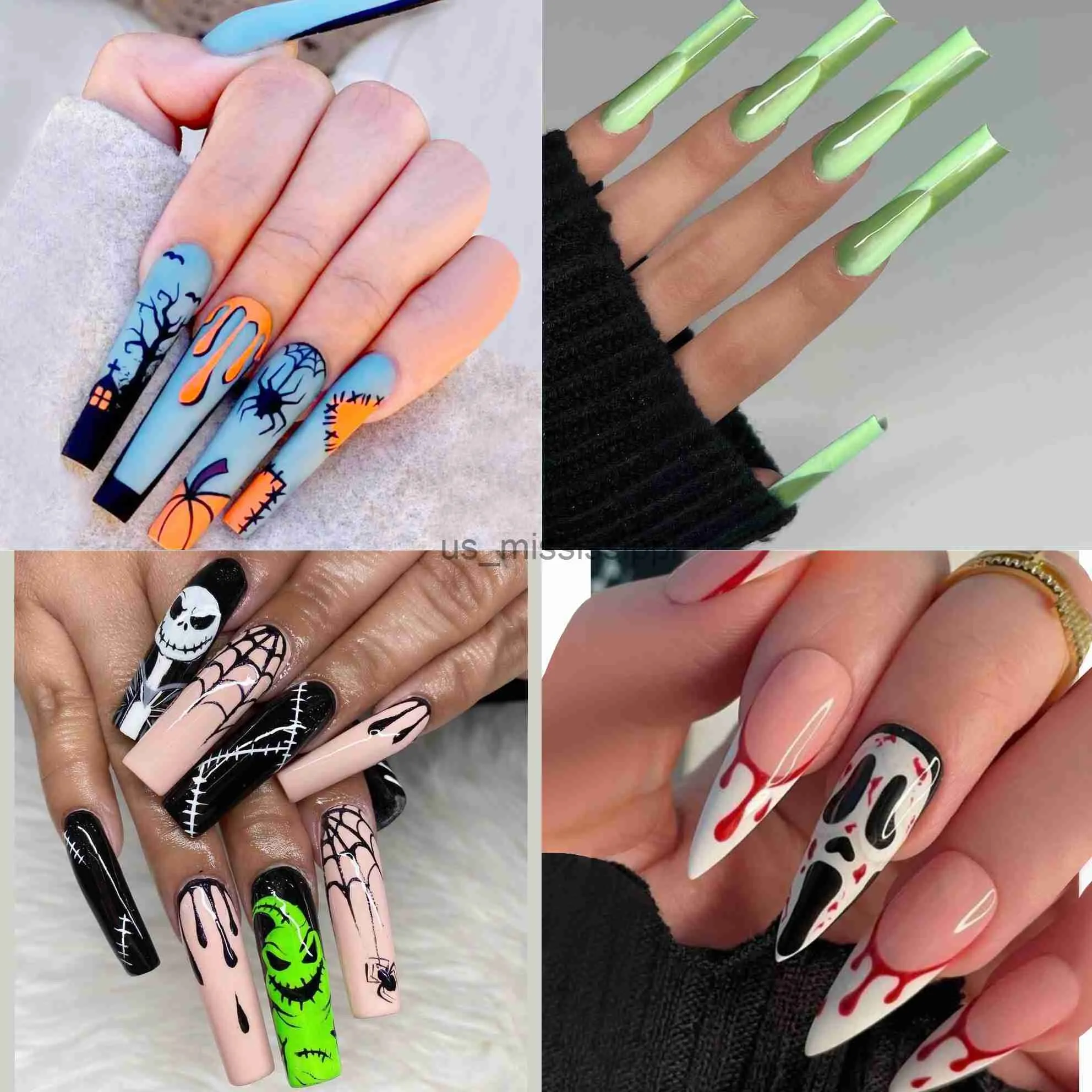 Unhas Falsas Halloween Longas Unhas Falsas 24 Pçs / Set Pressione em Pontas de Unhas Falsas com Desenhos Engraçados Unhas Artificiais Adesivos Cobertura Completa Y2K Nails X0826