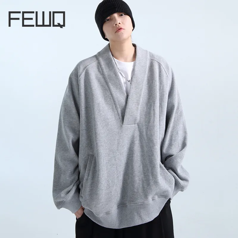 Sweats à capuche pour hommes Sweatshirts FEWQ Double face brossé Vneck hommes sweat à manches longues Silhouette automne mâle haute rue mode décontractée 24X1372 230825