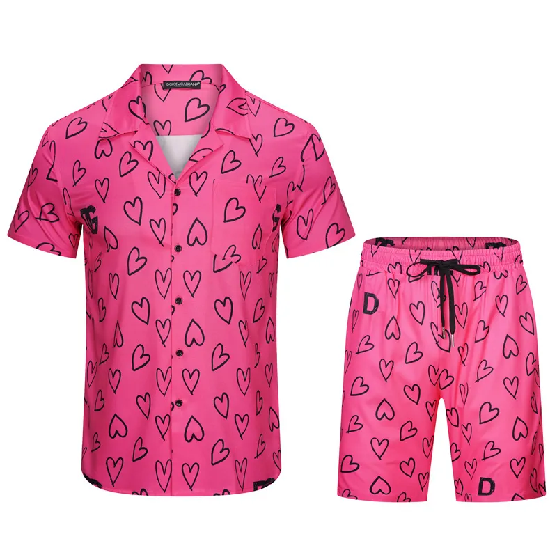 サマーファッションメンズトラックスーツハワイビーチパンツセットデザイナーシャツ印刷レジャーシャツmanスリムボードフィット