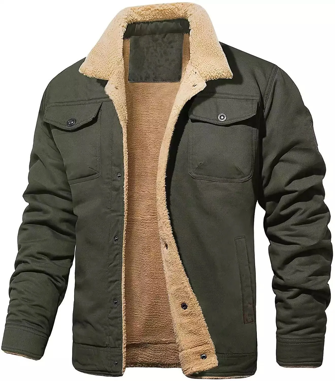 Jaqueta cargo masculina casual de algodão, forro grosso, jaqueta sherpa, quente de inverno, gola virada para baixo, casacos com vários bolsos