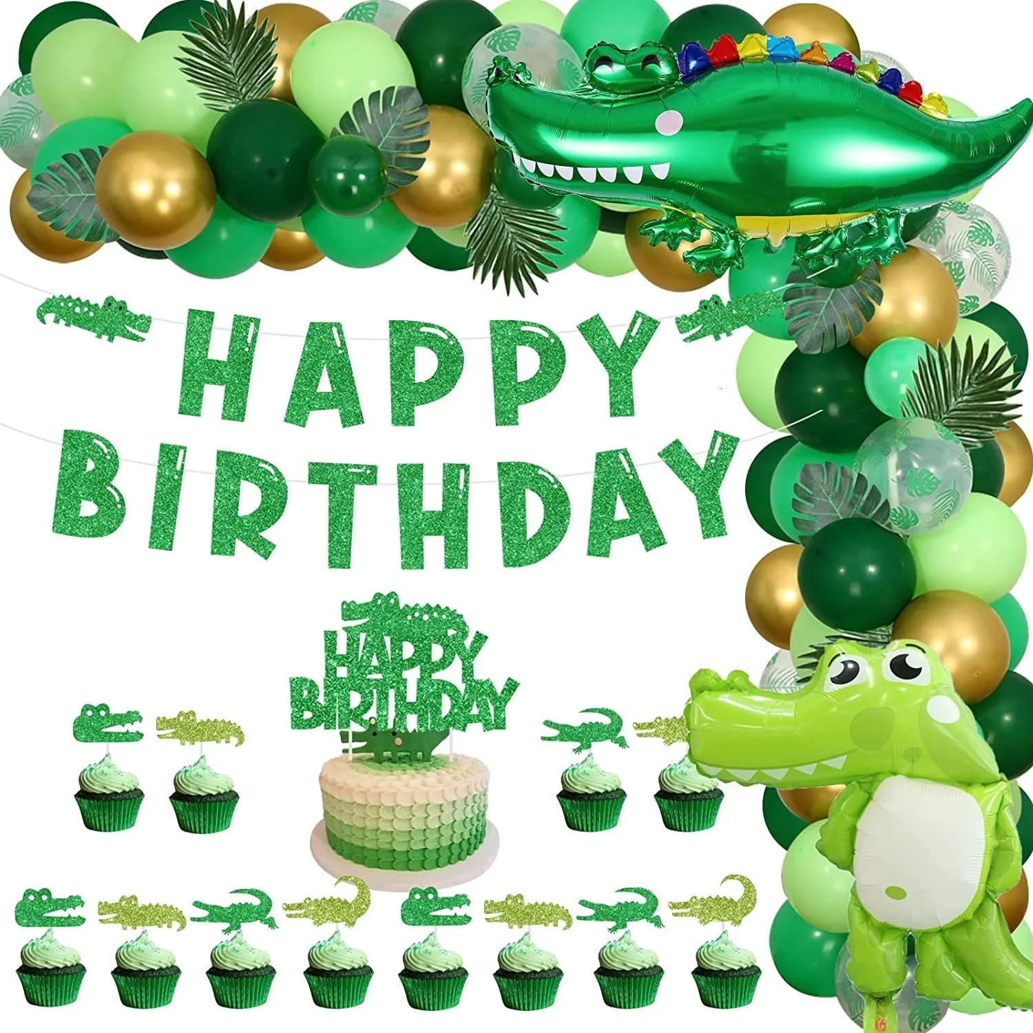 Andra evenemangsfest levererar gröna tema födelsedagsdekorationer för barn alligator ballonger arch cake toppers banner kit 230826