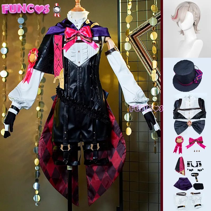 Parrucche Cosplay Genshin Impact Lyney Costume Cosplay Parrucca Fontaine Lyney Uniforme in pelle Cappello Abito Gonna capelli corti Guanto Completo Coda Mago 230826