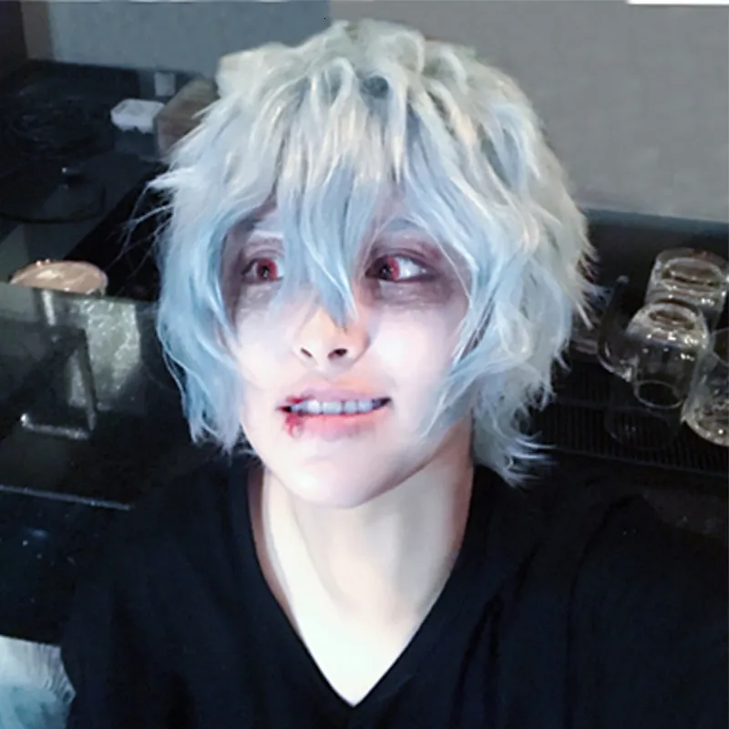 Cosplay Wigs Anime My Hero Academia Boku no Hiro Akademia Shigaraki Tomura Wigs Short Gray Blue Mixed Curly Cosplay Wig Wig Cap 230826