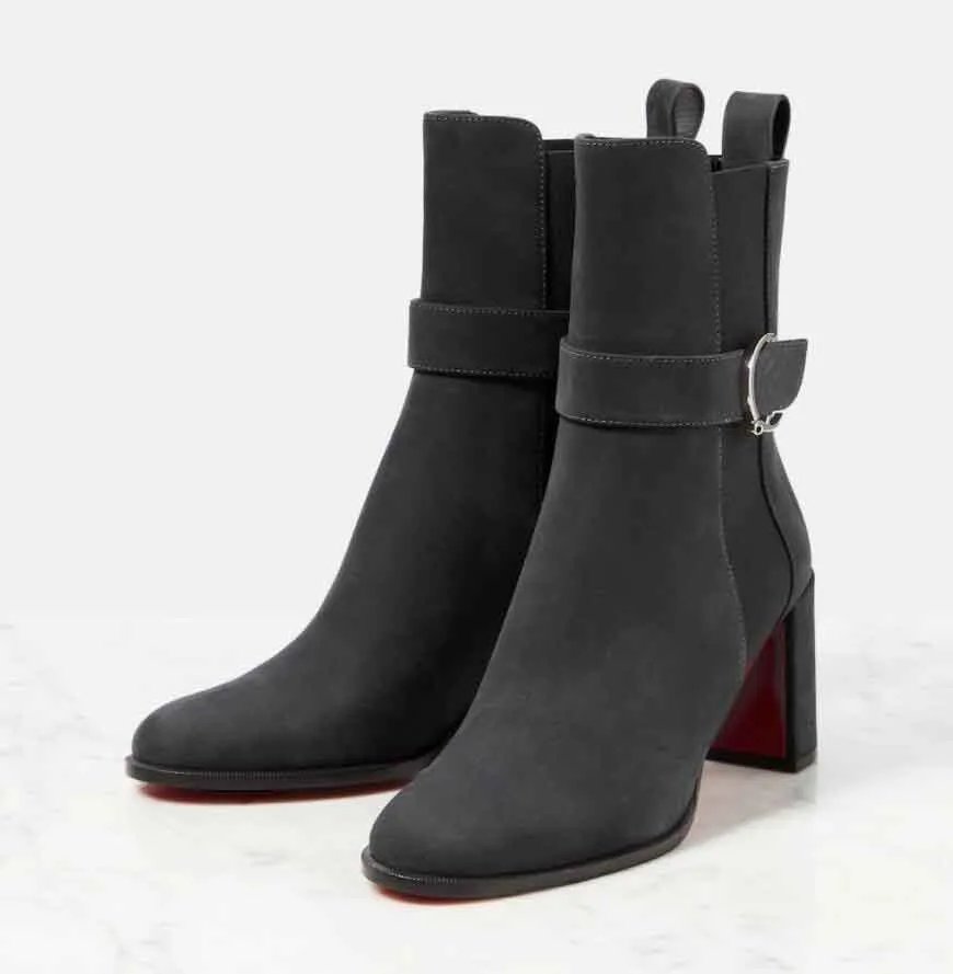 Winterstiefel mit Schnalle, Lederstiefel, Chelsea-Booty, 70 mm Absatz, schwarzes Kalbsleder, Gummiboden, Luxus-Designer-Pumps, Damen-High-Heel mit Box-Staubbeutel