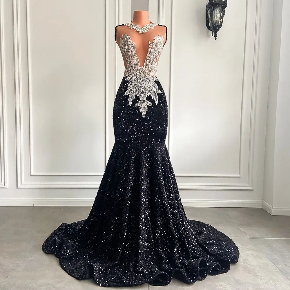 Longues robes de bal noires 2023 sexy style sirène luxe brillant perles diamant paillettes fille africaine bal gala robes formelles robe de soirée