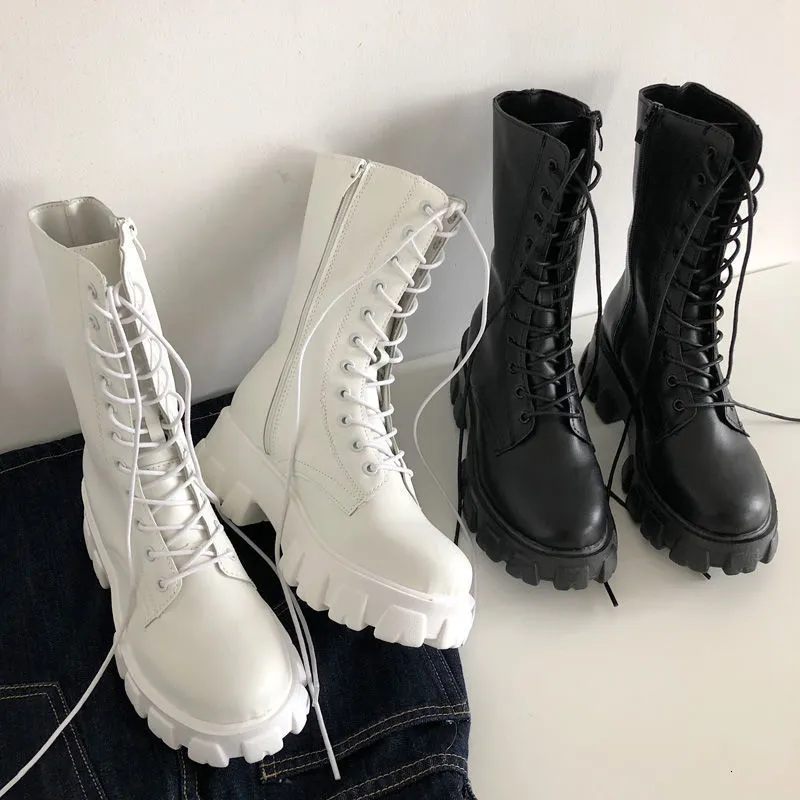 Stövlar Mid Calf Boots Women Autumn Winter Fashion Lace-Up Ladies Chelsea Zipper Botas Mujer Boots Sports Platform Heel Hemskor 230825