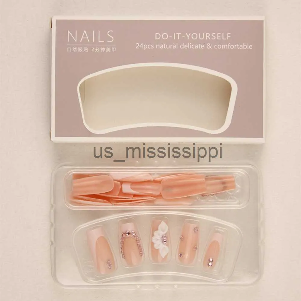 24 Pcs Medium Square Fake Nails French Tip Press on Nails, Glossy Glue on  Nails Full Cover False Nails with Rhinestones & Flowers Designs Medium  White Nail Tips Pink Acrylic Nails for