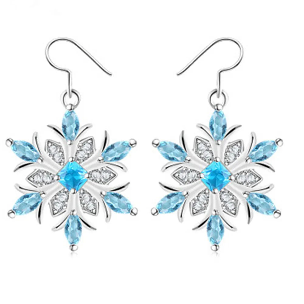 S925 Sterling Silver Elegant Blue Rhinestone Snowflake Drop Earring for Women Fashion Crystal Zircon Dangle Earring Christmas Jewelry Accessories