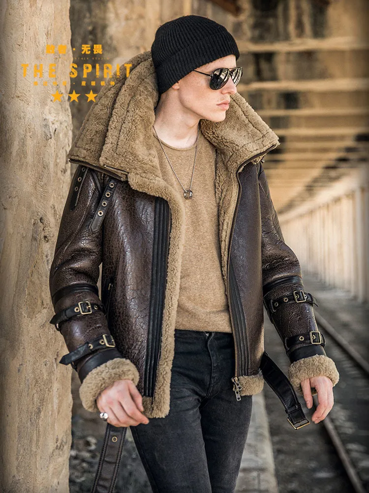 Herren-Leder-Kunstleder, hochwertiger Herren-Mantel aus echtem Leder, natürliche Schaffelljacke für Herren, Wollfutter, doppellagiger Kragen, Motorpilot, 7XL, 230825