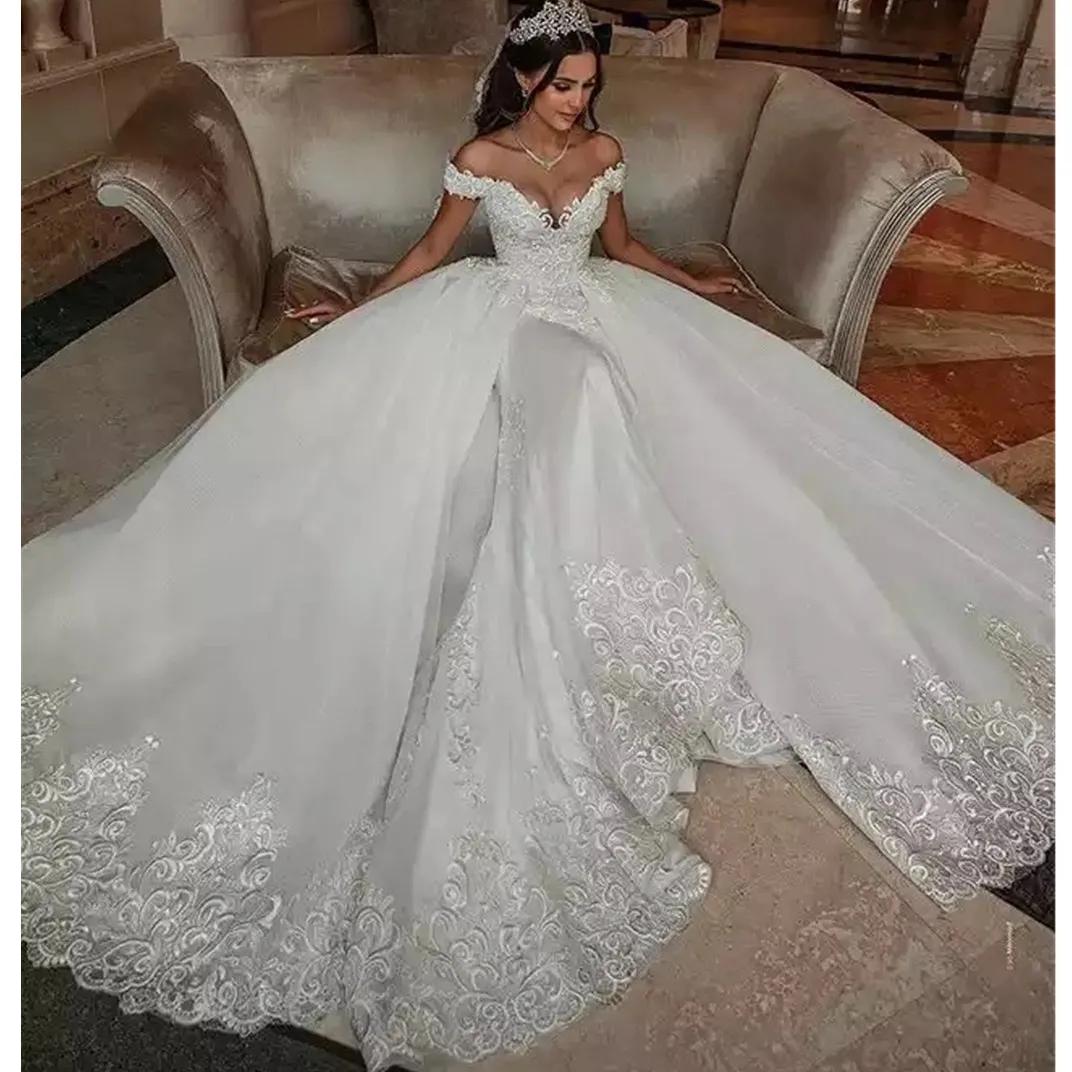 Arapça Artı Boyut Kapalı Omuz Denizkızı Gelinlik Aplikes Dantel Çıkarılabilir Çarpıcı Aso Ebi Gelin Gowns 2024 328 328