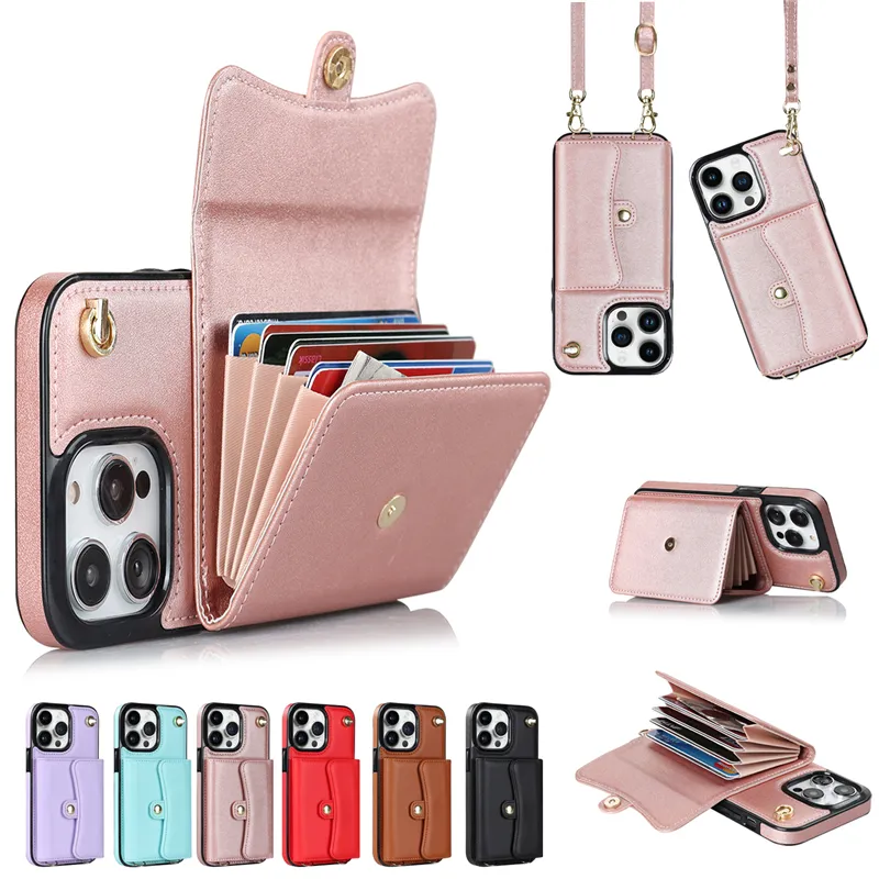 Shoulder Strap Folio Phone Case for iPhone 15 14 13 12 11 Pro Max Samsung Galaxy S23 Ultra S22 A54 A73 A53 5G A52 A14 A13 Wristband Multiple Card Slots Leather Wallet Shell