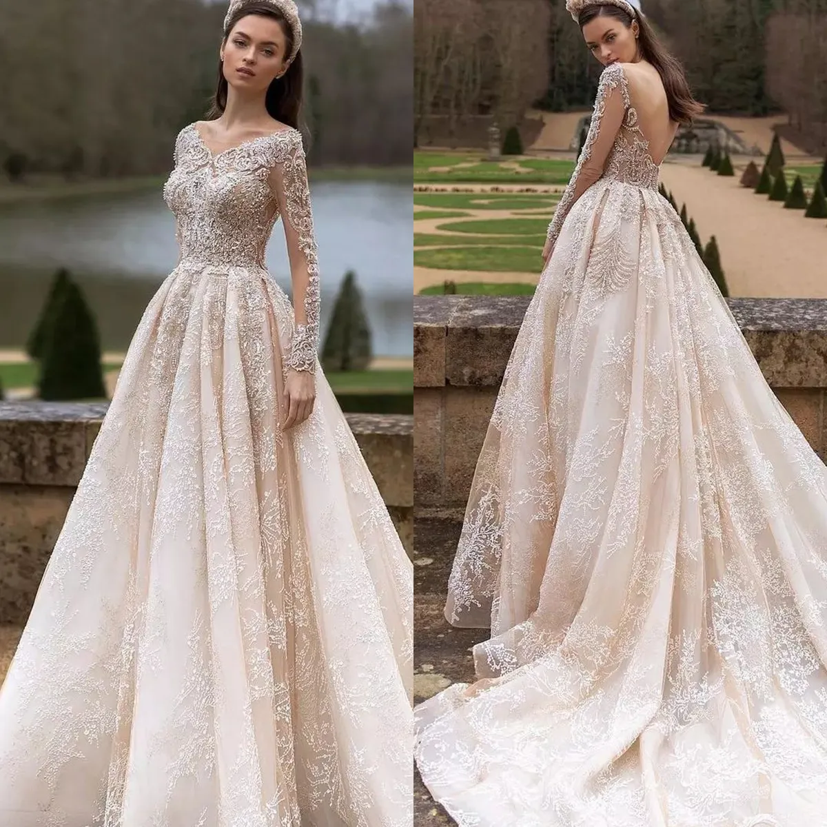 Elegant A-Line Wedding Dresses For Women Backless O-Neck Beaded Lace Appliques Princess Wedding Gown Long Sleeve Bridal Gown