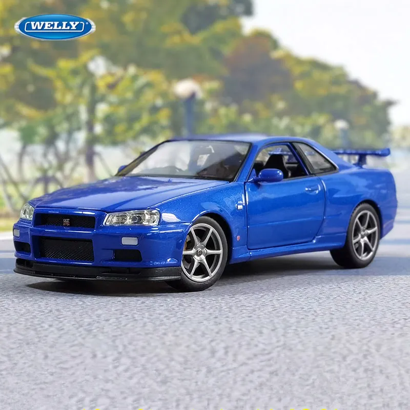 Gegoten modelauto Welly 1 24 Skyline GTR R34 Legering sportwagenmodel Simulatie Gegoten metalen speelgoedracewagen Modelcollectie Kindercadeau 230825