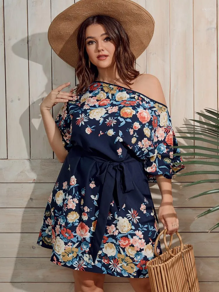 Plus size vestidos finjani feminino floral impressão batwing manga vestido com cinto 2023 moda verão