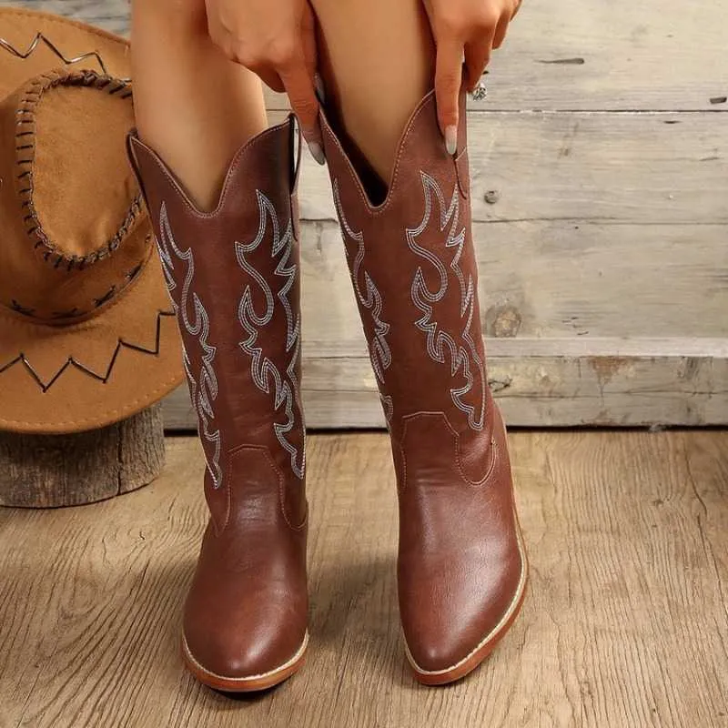 Women's Western Cowgirl Boots - Pointed Toe, Pull-On, Studded & Embroidered With Chunky 3" Heel