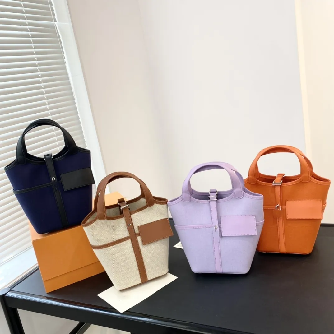 Luxury designer bag Canvas basket Leather patchwork bucket bag Metal lock tote shoulder crossbody bag