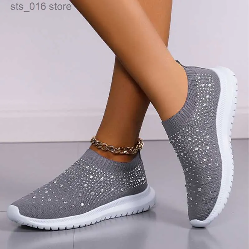 Spring Dress Women Rimocy Crystal Flats Shining Breathable Knit Platform Sneakers Woman Comfortable Soft Bottom Non Slip Sports Shoes T