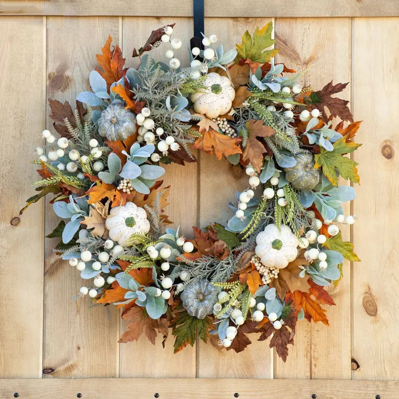 Andra evenemangsfestleveranser Maple Leaf Pumpkin Wreath Artificial Halloween Thanksgiving Garden Door Decor Pendant Autumn Harvest Courtyard Garland 230825