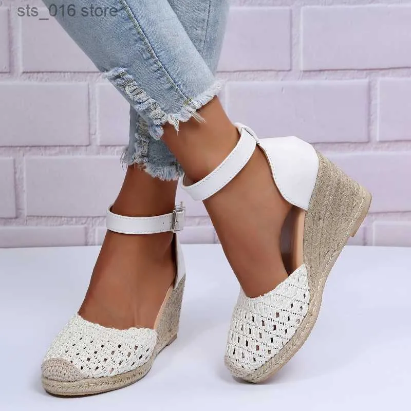 Dress Shoes Handmade Wedge Sandals Woman Summer 2023 Rome Plus Size Round Head Belt Buckle Leisure Beach Vacation Shoes T230826