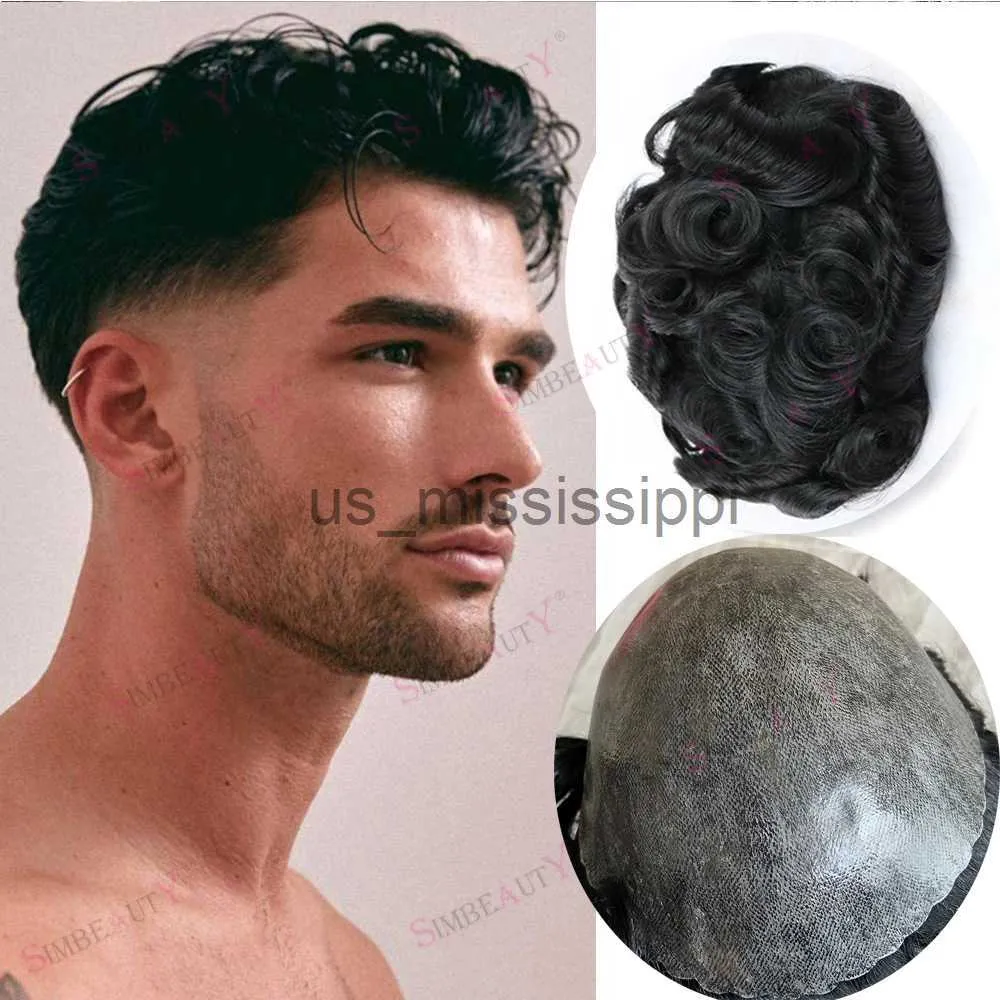 Synthetische Perücken Herren Toupe Full Poly Indian Human Hair Ersatzsystem 010mm Injektion PU natürliches Haarstück für Männer Jet Schwarz Langlebige Haut