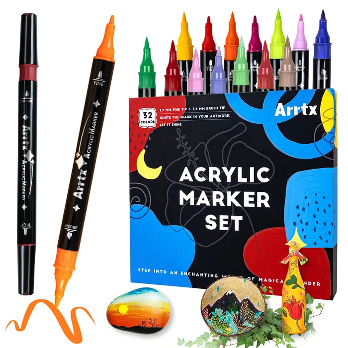 Marqueurs Arrtx 32 couleurs marqueurs de croquis double brosse stylos marqueurs de peinture acrylique sur toile de verre de roche tasse en céramique en métal bois plastique 230826