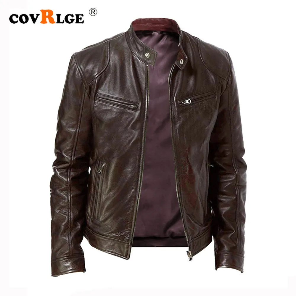 Men's Leather Faux Leather Covrlge Spring Men's Stand-up Collar Slim Leather Jacket Zipper Pocket Decorative PU Coat Biker Men Clothes Casual Male MWP085 230825