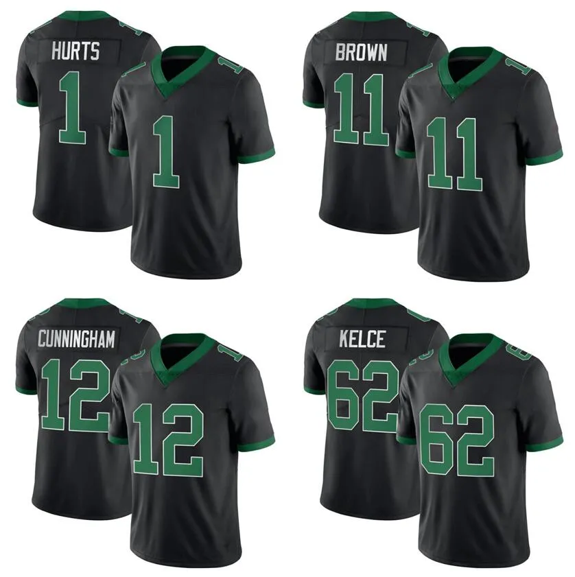 1 Jalen Hurts Maillots de football cousus Jason Kelce DeVonta Smith Brown Brian Dawkins Randall Cunningham Haason Reddick hommes femmes jeunesse noir maillot personnalisé