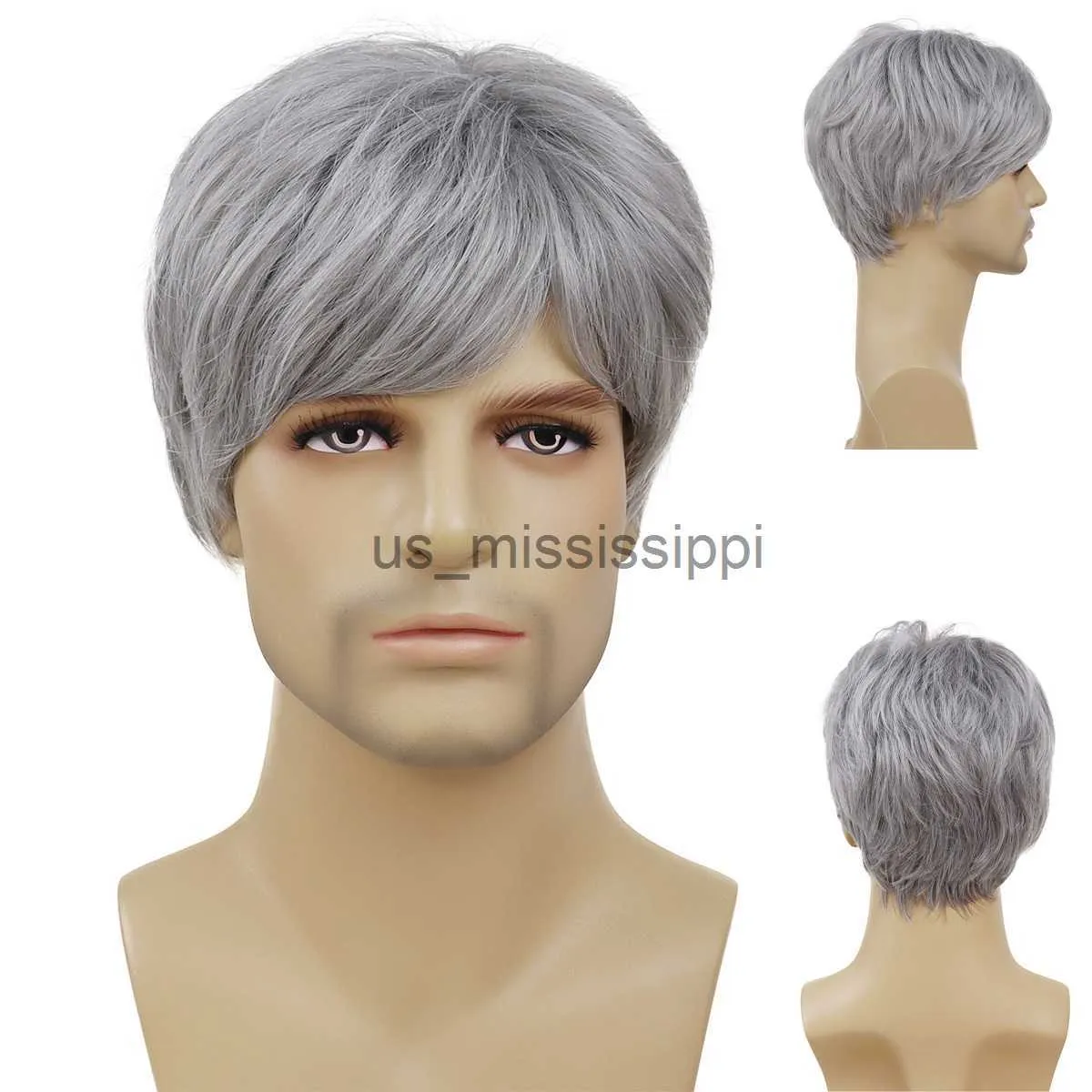 Synthetic Wigs GNIMEGIL Synthetic Short Men Wig Cosplay Silver Grey Wig with Bangs Korean Male Hair Hairstyle Grandpa Halloween Costume Wigs x0826