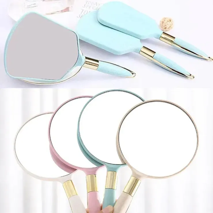 Cute Pink Makeup Vanity Vintage with Handle Women Round Hand Hold Cosmetic Mirrors High Definition Portable Mirror AU26