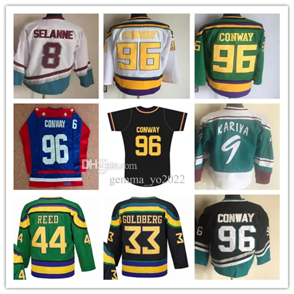 Herren Vintage 96 Charlie Conway Hockey-Trikots Movie Mighty 99 Adam Banks 21 Dean Portman 44 Fulton Reed 33 Greg Goldberg 8 Teemu Selanne 9 Paul Kariya Genähte Uniformen