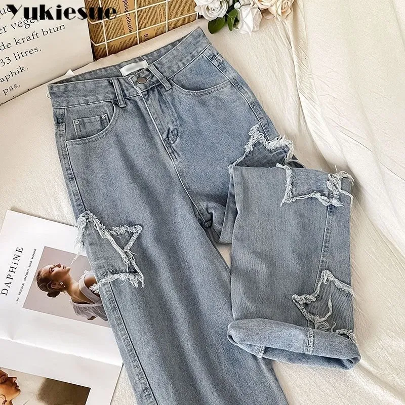 Damen Jean Y2K Koreanische Baggy-Jeans Patch Star Pattern Retro High Waist Distressed Hose Straight Street Style Damenhose 230825