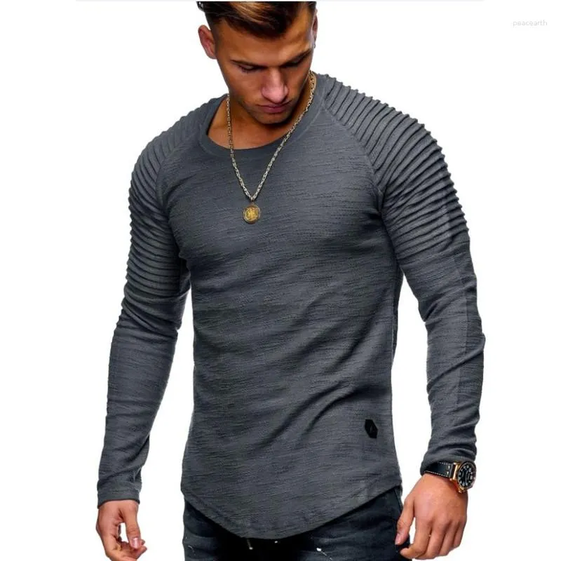 Homens camisetas Homens Plissado Patch Detalhe Roupas Camisa de Combate Primavera Manga Longa Pulôveres Moda Slim Básico Tops Tees