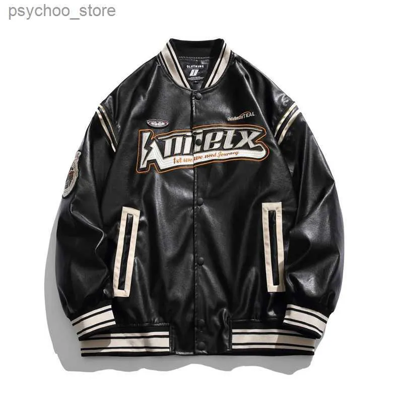 American PU Leather Motorcycle Jacket Men's Letter Printing Embroidery Baseball Uniform Couples Street Hip-hop Fashion Coats Q230826