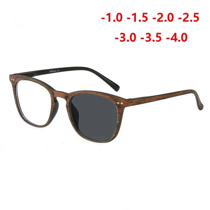 Modische Sonnenbrillenrahmen, Sun Pochromic-Linsen, fertige Myopie-Brille für Unisex, Retro-Holzfarbe, Chamäleon, Kurzsichtigkeitsbrille 0 -1,0 -1,5 -bis -4,0 230825