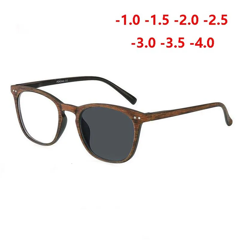 Fashion Sunglasses Frames Sun Pochromic Lenses Finished Myopia Glasses For Unisex Retro Wood Color Chameleon Nearsighted Eyewear 0 -1.0 -1.5 -To -4.0 230825