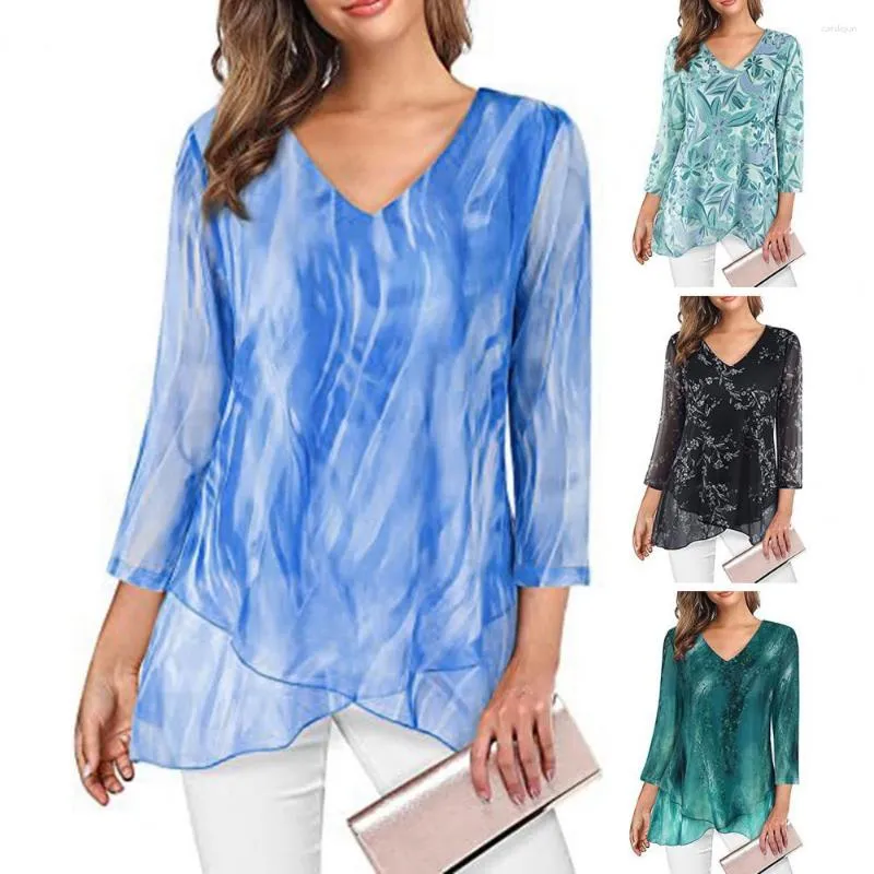 Blouses Femmes Femmes Haut imprimé élégant col en V imprimé hauts pull doux avec ourlet asymétrique coupe ample pour la mode automne printemps