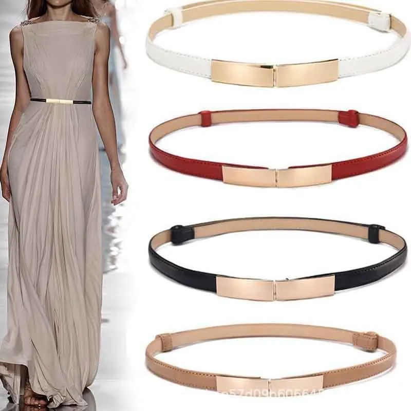 Waist Chain Belts Belt dress simple versatile Fashion Women Leather Thin Skinny Metal Gold Elastic Buckle Waistband Dress Accessories 230825