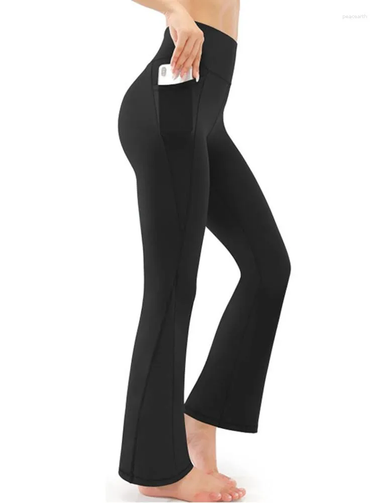 Leggings da donna Tasche Stile Allenamento Palestra Pantaloni da yoga svasati per donna Vita alta morbida Gambaletto elasticizzato Controllo della pancia Nero Tinta unita