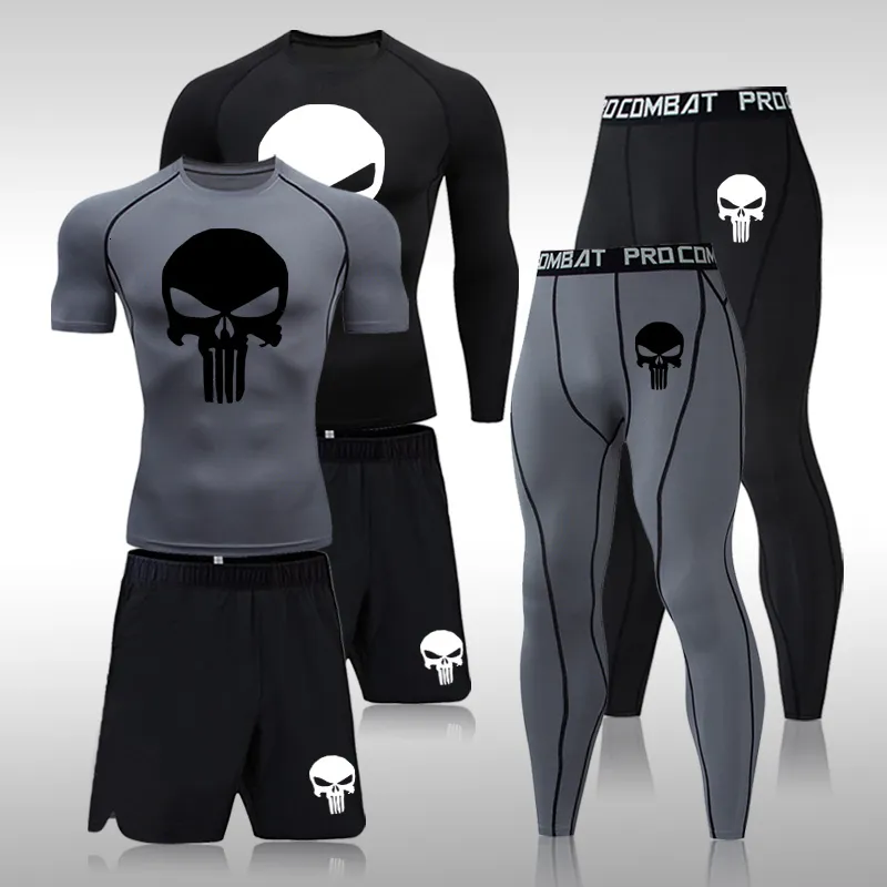 Herren-Trainingsanzüge, Herren-Kompressionsset, MMA, lang- oder kurzärmliges T-Shirt, enge Hosen für Herren, Fitness-Bodybuilding-Kleidung, Totenkopf-Rashguard, Sportanzüge 230825