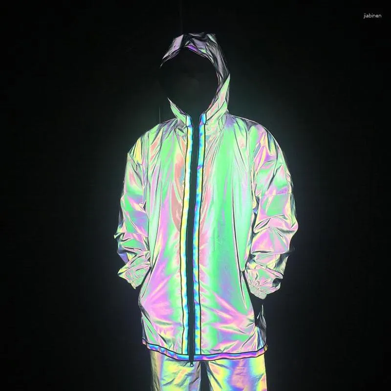 Men's Trench Coats Mid-Length Reflective Windbreaker Coat Hooded Hip Hop Jackets Night Reflect Light Colorful Hoodie